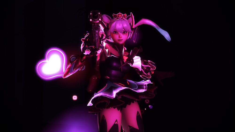 Overwatch 2 screenshot of the Juno "Hero of Heart" mythic, which is a magenta, black and dark red sparkly dress, head piece and ribbons that looks reminiscent of Black Lady/Chibiusa from Sailor Moon, replete with heart decorations and sparkles. She's holding up her gun with her twin tails flying and a bright pink heart floating around her.