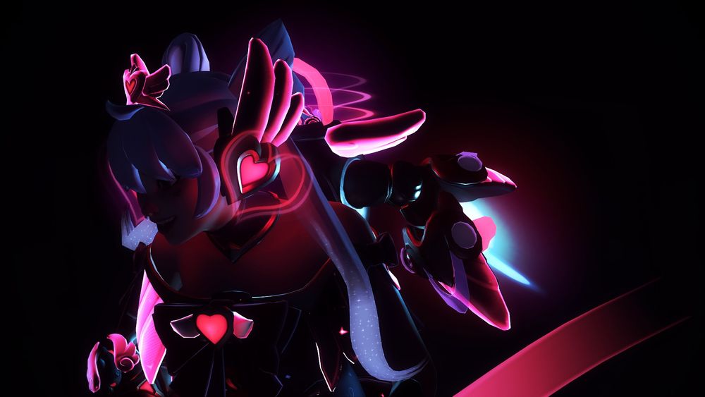 Overwatch 2 screenshot of the Juno "Hero of Heart" mythic, which is a magenta, black and dark red sparkly dress, head piece and ribbons that looks reminiscent of Black Lady/Chibiusa from Sailor Moon, replete with heart decorations and sparkles. It is a close up of her in the dark showing off one of her twin tails, which ends in a section of periwinkle hair that has stars embedded in it.