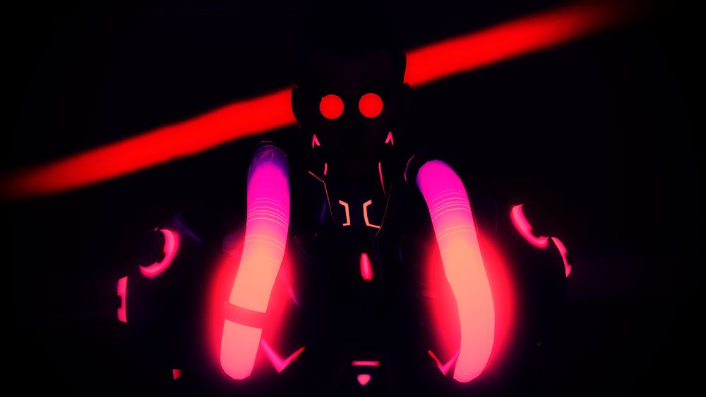 Overwatch 2 screenshot of Moira in her Cyber Scientist cosmetic - a cyberpunk version of her usual coat, with more pink LEDs and tubing, with circular glasses that reflect red in the light, and a red wire running down the side of her head and undercut. The only things visible in the picture are two red circles for her glasses, a red streak behind her and her pink tubing.
