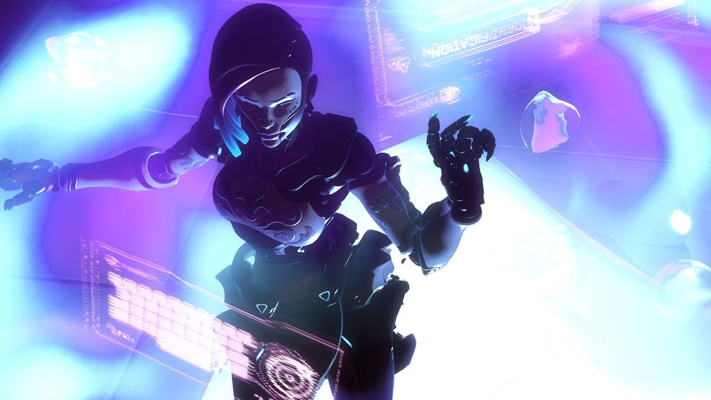 Screenshot of Sombra from Overwatch wearing her Marionette cosmetic. The entire picture is swimming in pink, purple and blue values, and she's intently manipulating holographic keyboards and screens with her robotic hands.