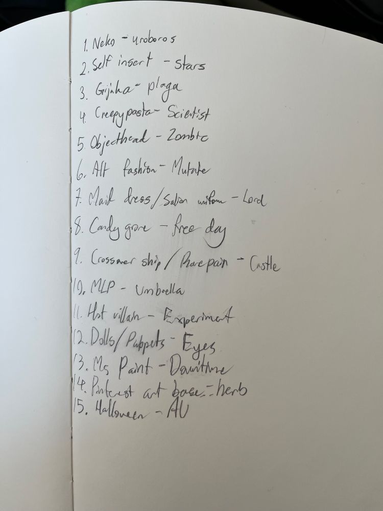 list of october drawing prompts, randomized combined prompts taken from cringetober and resitober