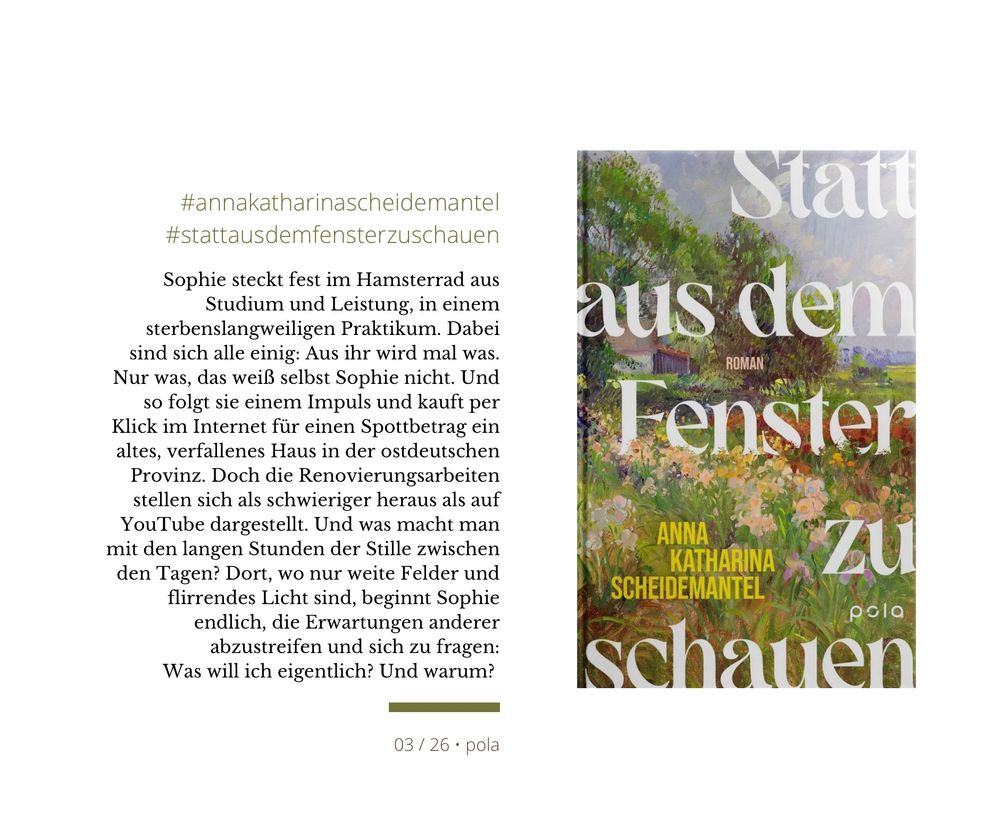Rechts das Hardcover: ein Ölgemälde eines verfallenen Hauses inmitten einer Blumenwiese. Links die Titeldaten und folgende Inhaltsangabe: Sophie steckt fest im Hamsterrad aus Studium und Leistung, in einem sterbenslangweiligen Praktikum. Dabei sind sich alle einig: Aus ihr wird mal was. Nur was, das weiß selbst Sophie nicht. Und so folgt sie einem Impuls und kauft per Klick im Internet für einen Spottbetrag ein altes, verfallenes Haus in der ostdeutschen Provinz. Doch die Renovierungsarbeiten stellen sich als schwieriger heraus als auf YouTube dargestellt. Und was macht man mit den langen Stunden der Stille zwischen den Tagen? Dort, wo nur weite Felder und flirrendes Licht sind, beginnt Sophie endlich, die Erwartungen anderer abzustreiten und sich zu fragen: Was will ich eigentlich? Und warum?
