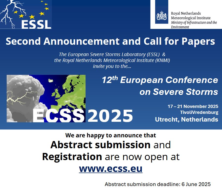 Text announcing that the Call for Papers is opened for the ECSS2025 together with logo's of ESSL and KNMI, and referral to the ecss.eu website.