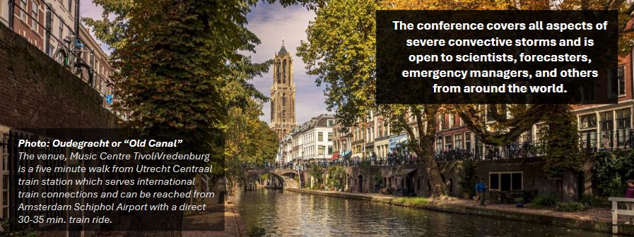 A picture of a canal in Utrecht with the Dom Church tower in the background and two text blocks explaining to main topic of the conference and an explanation of the location of the venue in Utrecht and how to get there.