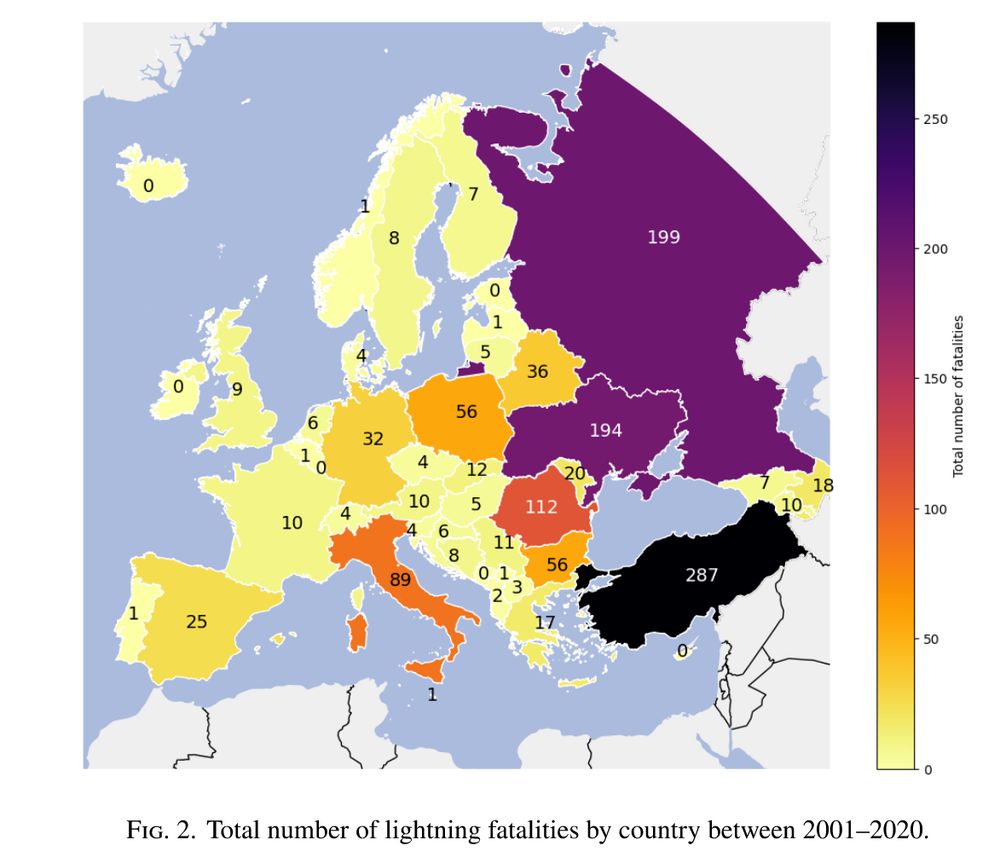 A map showing the number of lightning fatalities recorded between 2001 and 2020.