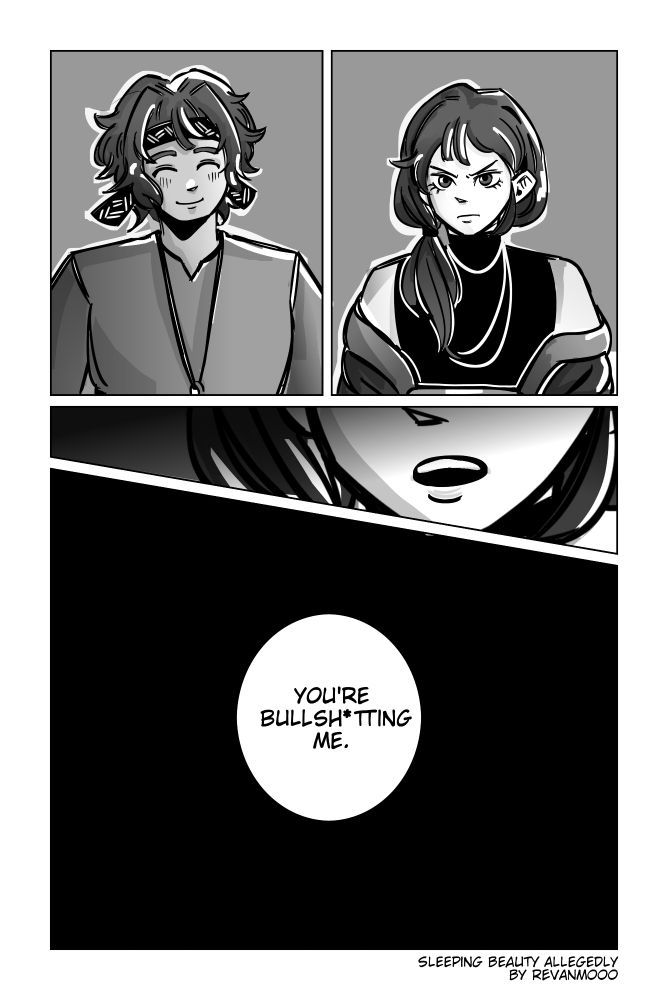 A page from sleeping beauty allegedly. Themus looks at a smiling Mikail and says "You'ree bullsh*tting me."