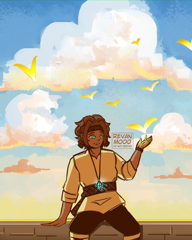 Mikail from Sleeping Beauty Allegedly, sitting lazily on a brick wall with the sky and orangey clouds behind him. He is looking at birds of light hovering over his palms and flying to the sky. His crystal necklace is glowing. 
