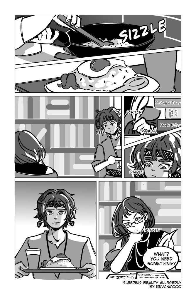 A page of the webcomic Sleeping Beauty Allegedly. Mikail cooked some breakfast and peeked at Themus reading and taking notes. He stares at what he's doing with a complicated look on his face until Themus looks up and notices him. 

Themus: What? You need something? 