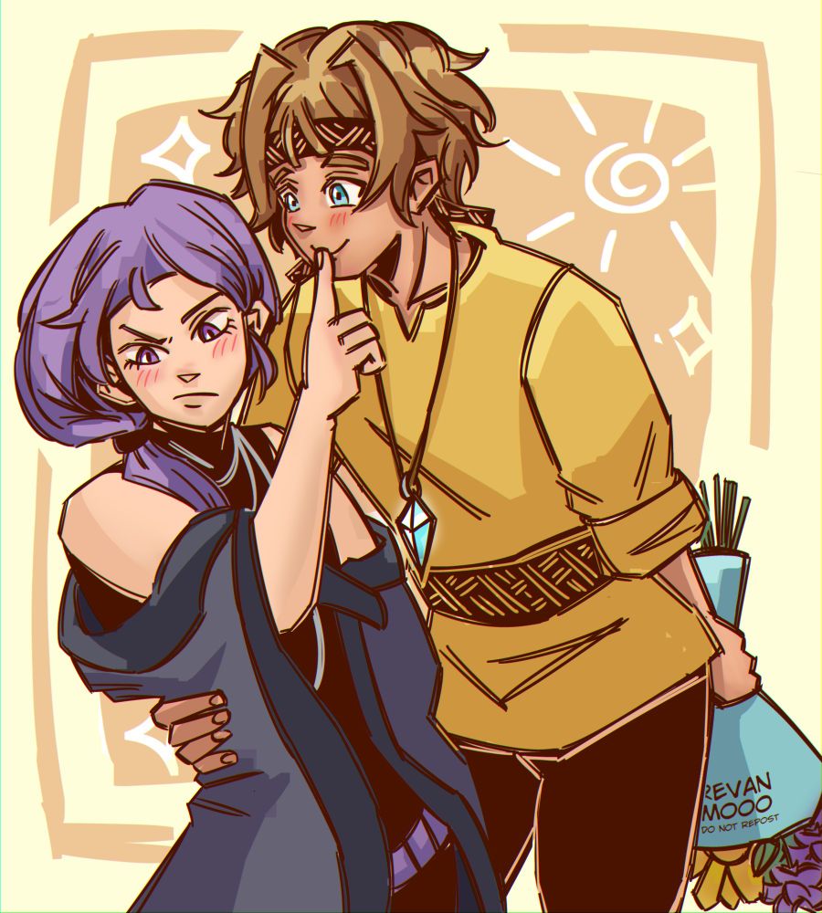 Mikail and Themus from the webcomic Sleeping Beauty Allegedly. Mikail is smiling and  grabbing Themus's waist and learning in while holding a bouquet of flowers behind him while Themus is raising a finger to his lips in a silencing manner and looking away with a pouty frown. Both are blushing. 