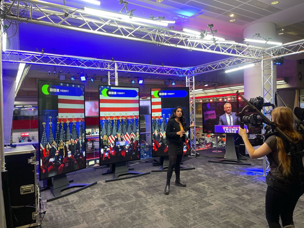 A behind the scenes look at BBC Verify’s set where the team is fact-checking Robert F. Kennedy Jr’s views on health issues. 