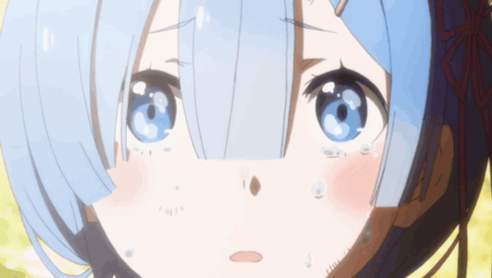 a close up of a blue haired anime girl with tears running down her face