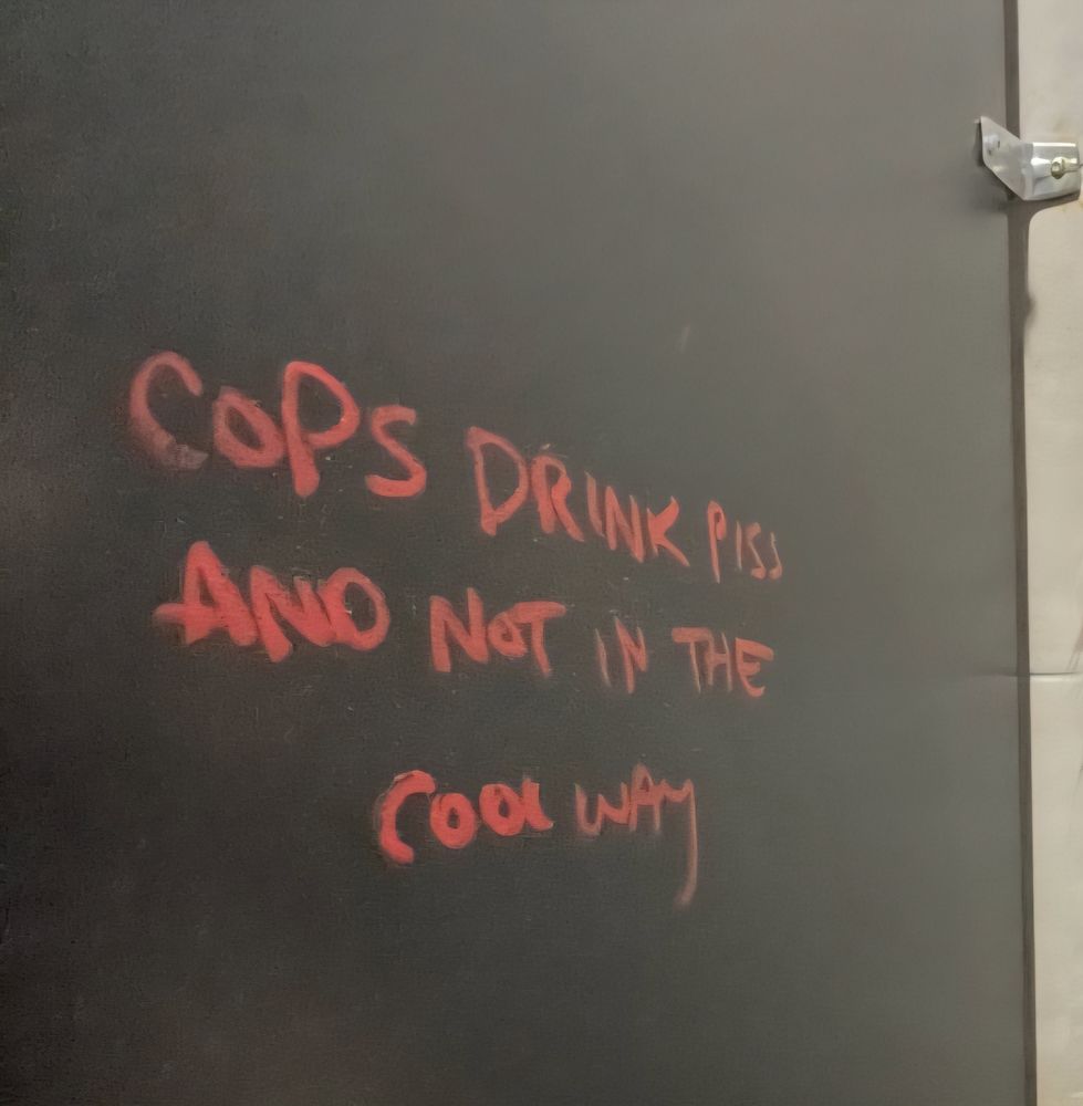 "Cops drink piss and not in the cool way" scrawled on a bathroom door in red 