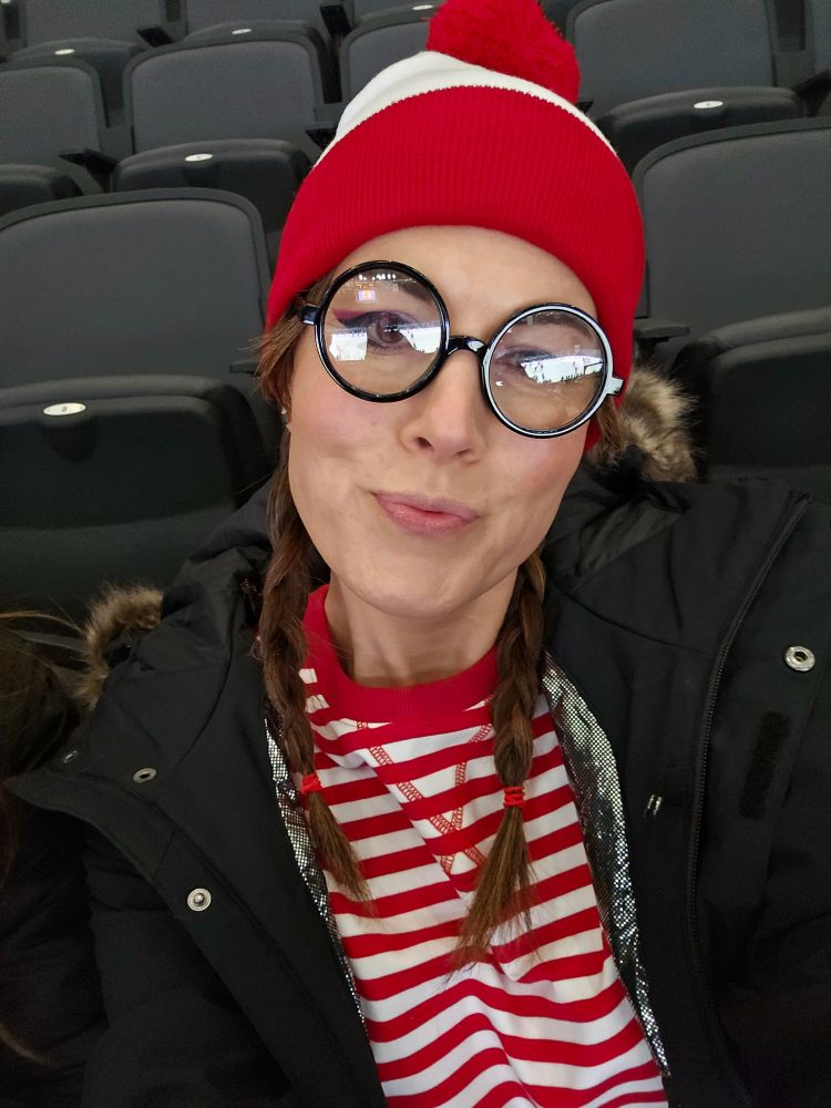 Jade dressed like Where's Waldo 