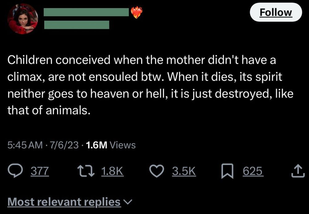 Screenshot of a message: “ Children conceived when the mother didn't have a climax, are not ensouled btw. When it dies, its spirit neither goes to heaven or hell, it is just destroyed, like
that of animals.”