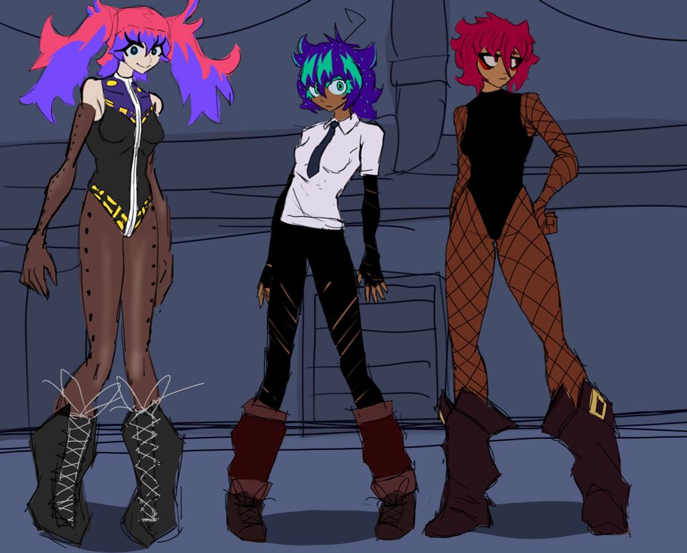 3 characters I’ve made standing next to each other

From left to right
-Rose, a tall eerie woman who has pink hair tied up into two pony tails on the side of her head. Her hair is messy
-Aoki, one of my main OCs I spend a lot of time drawing. She has shoulder cut, purple hair, which looks a little messy. She has a antenna-like hair sticking out of her head, it is bent in 3 directions.
-Jinx, the sister to my other character, Jaro. Her hair is red and cut to her chin. She’s an assassin and ninja.