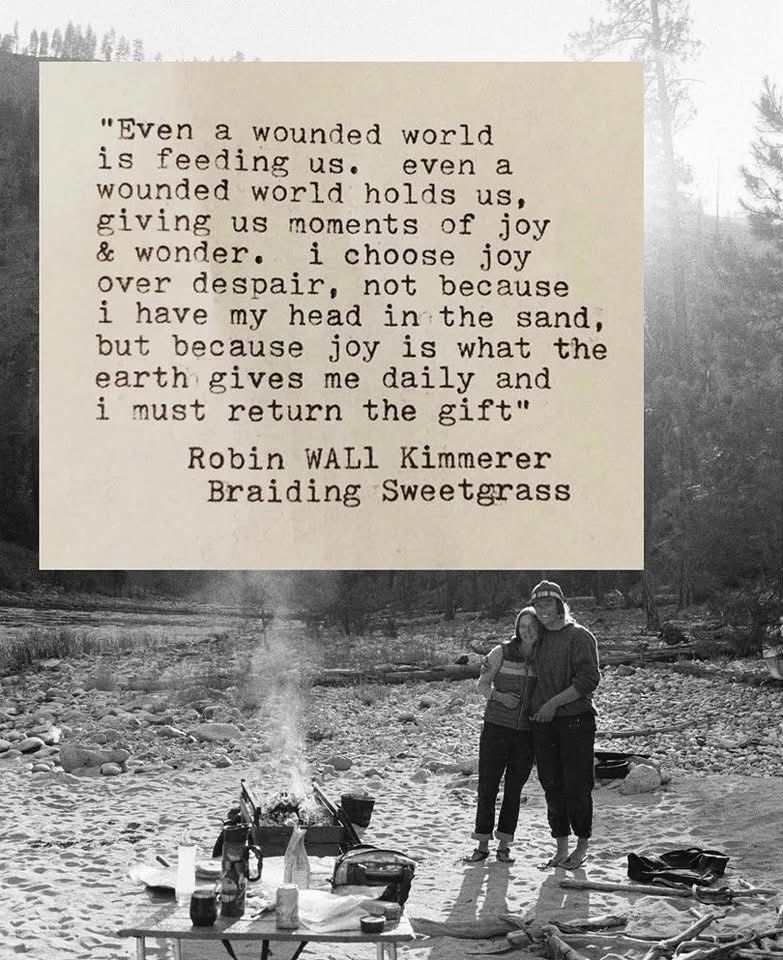 "Even a
I wounded world
is feeding us. even a wounded world holds us, giving us moments of joy & wonder. i choose joy over despair, not because i have my head in the sand, but because joy is what the earth gives me daily and i must return the gift"
Robin WALl Kimmerer
Braiding Sweetgrass