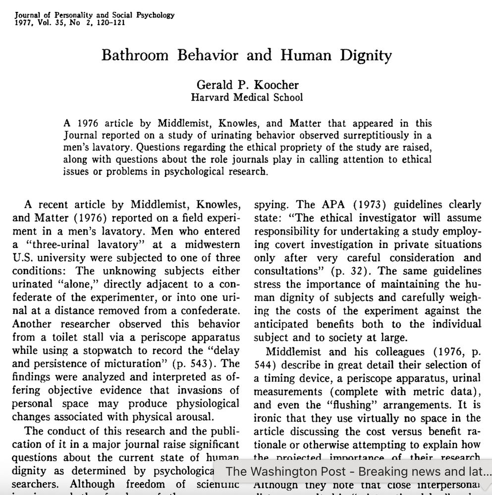 The front page of "Bathroom Behavior and Human Dignity" a 1977 paper written in response to a bathroom behavior observational study.