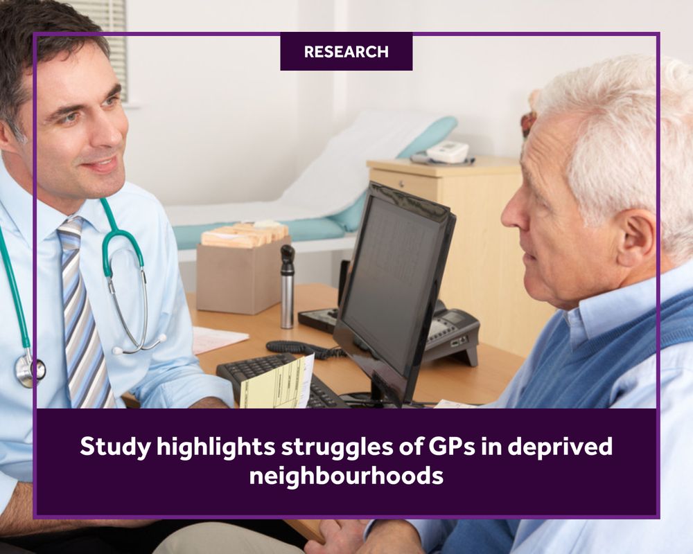 A male doctor with a stethoscope around his neck speaks with an older male patient in a clinical setting. They are seated at a desk with a computer. A banner across the bottom reads: 'Study highlights struggles of GPs in deprived neighbourhoods' with a label at the top stating 'RESEARCH'.