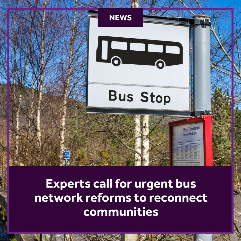 Background: a photograph of a bust stop sign. Foreground: a purple graphic with white text covers the bottom quarter of the image, with a headline which reads: "Experts call for urgent bus network reforms to reconnect communities"