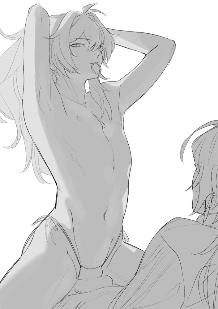 Kaeluc fanart with a naked diluc sitting on top of kaeya while tying up his hair