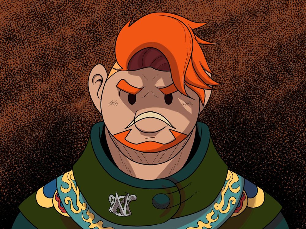 An orange-haired man in a thick, clashing green and yellow robe. A bin rests on his lapel shaped like a large silver 'N'. His hair is flopped to one side in a flowing undercut. He glares at the viewer. He has a goatee cupping his round face and a scar across his nose. 