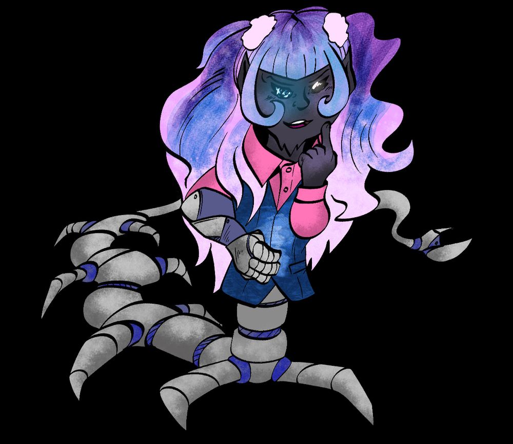 A drow woman with bright pink, blue, and purple hair in pigtails. Her upper half is humanoid with the exception of a metallic right arm. Her lower half is a fully robotic centipede structure. 