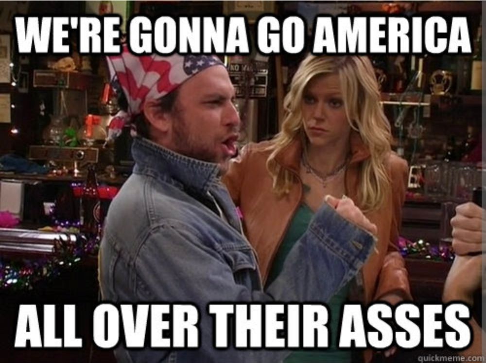 Still of Charlie and Dee in the "We're gonna go America all over their asses" scene from It's Always Sunny in Philadelphia 