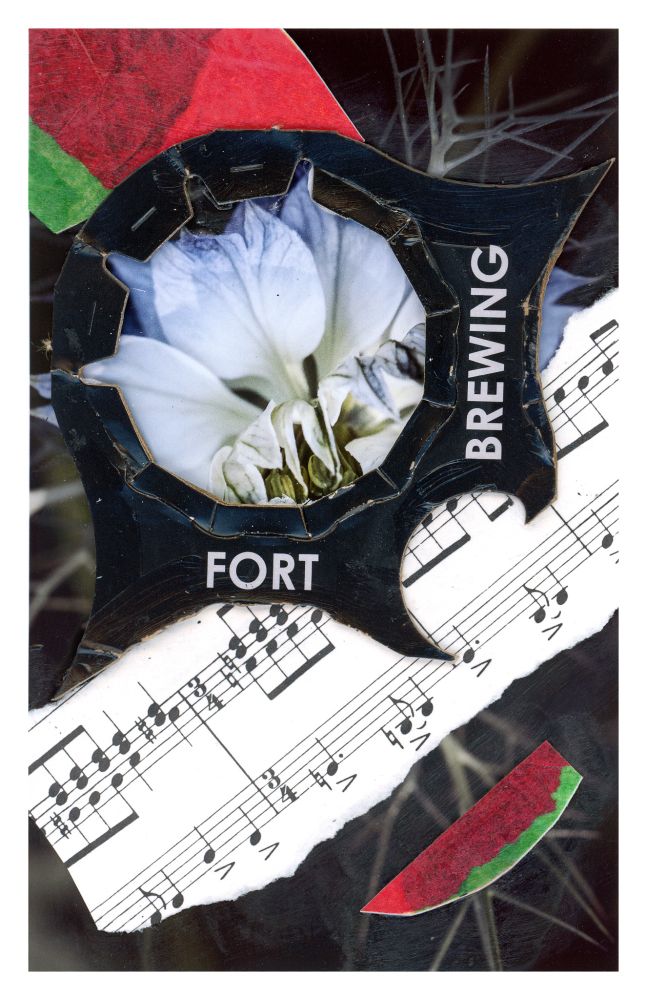 Every morning I start my art life by make a small 4x6 inch collage as a warmup. This collage features a flower, a small piece of music, and two colorful additions that remind me of watermelon. 