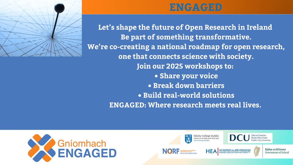 ENGAGED is a national initiative exploring how open research can truly connect with people across Ireland.



From empowering NGOs to informing policy and hearing from community voices, this is about co-creating a roadmap that reflects Ireland’s unique needs.



Join our Collective Intelligence Workshops (May–October 2025) and be part of shaping the future of open research together.



👉 Register your interest: https://www.tcd.ie/civicengagement/engaged/



#OpenResearch #PublicEngagement 
