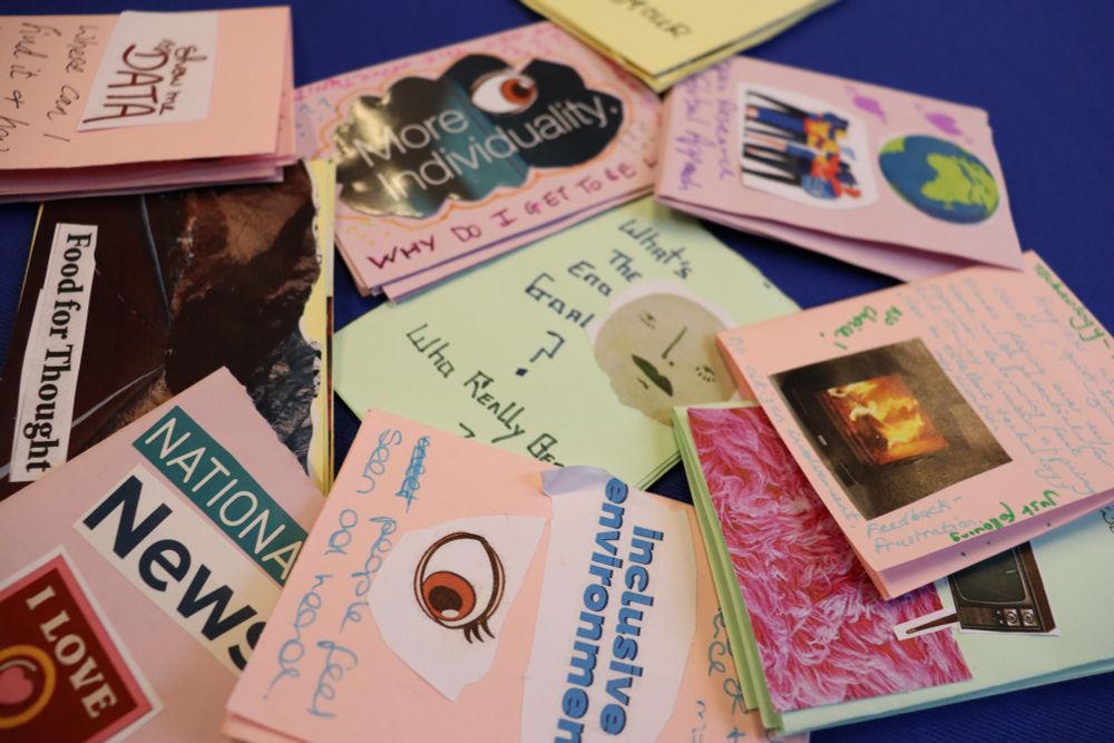 ‘Letting things be messy and visible, instead of pretending they were simple all along.’
Shared by a participant in one of our collective intelligence workshops.
Can openness include process—not just polish? Image of Zines created in our workshop