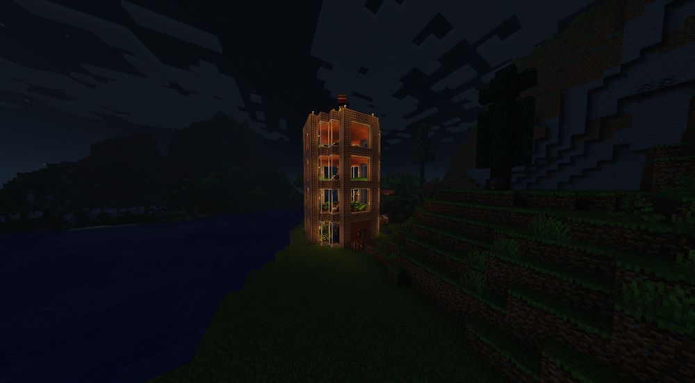 A tower in minecraft at night. Different crops can be seen inside it, as well as a Create contraption to collect all of that