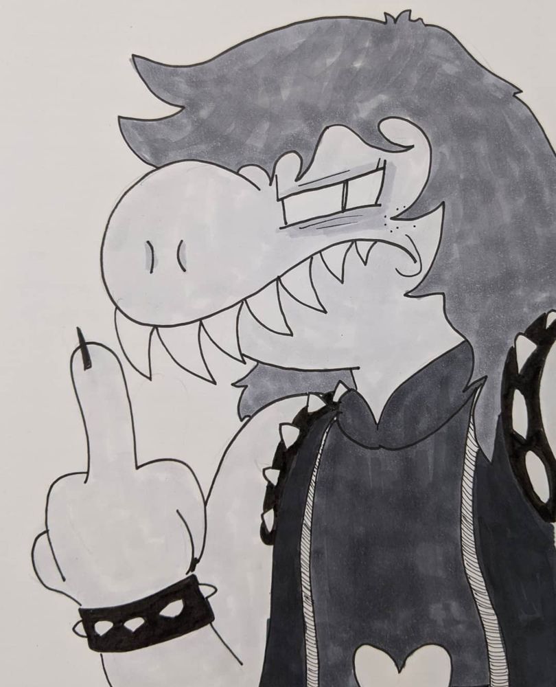 Susie from Deltarune looking at viewer and sticking up her middle finger. Ink drawing from 2021.