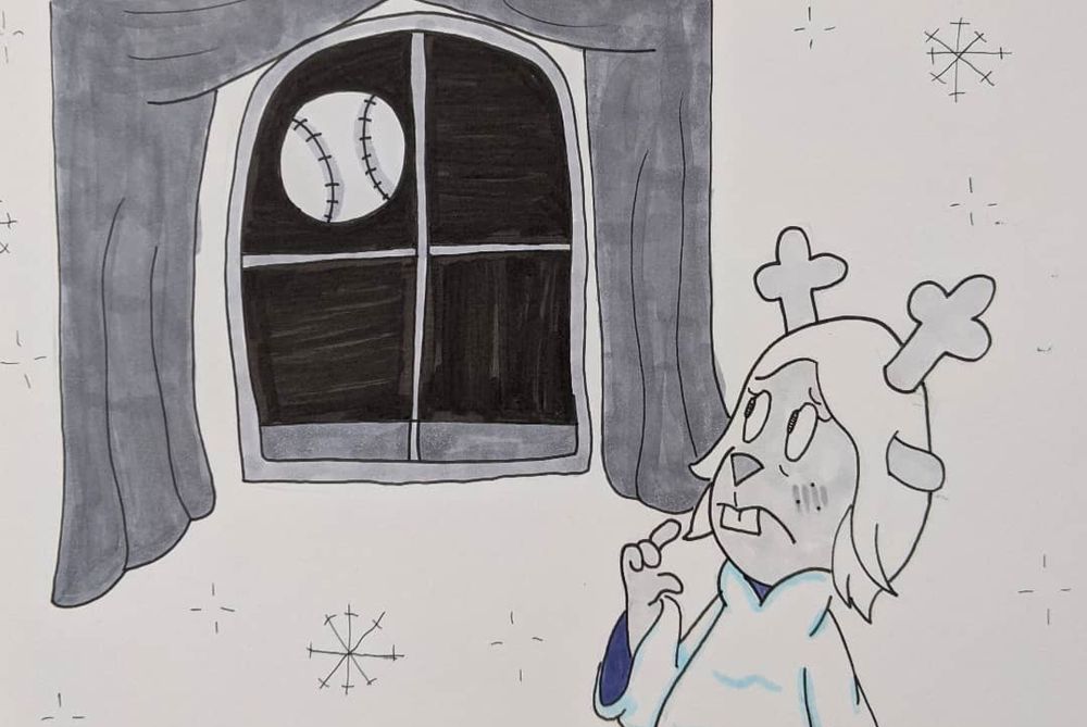 Noelle Holiday from Deltarune staring out the window at the baseball moon. Ink drawing from 2021.
