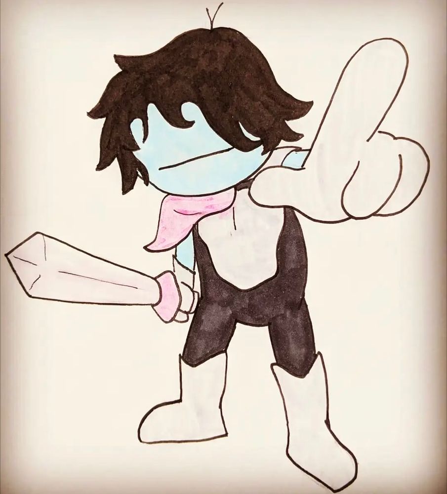 Kris from Deltarune holding their sword and pointing at the viewer. Ink drawing from 2021.