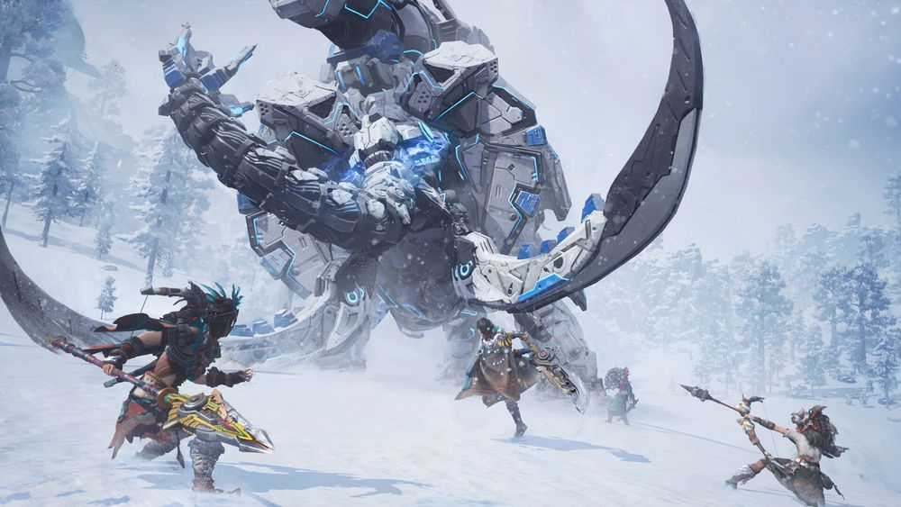 Characters fight a mechanical monster in the snow in Light of Motiram