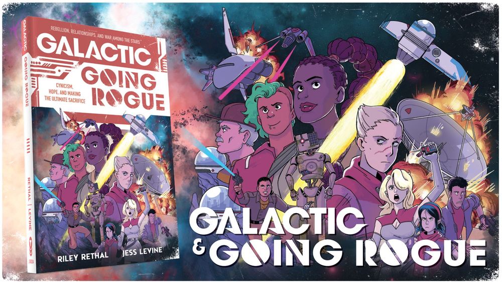 illustration of science fiction characters next to a mock up of going rogue and galactic