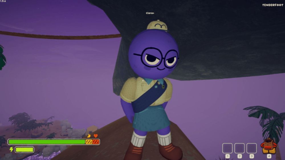A character in the game Peak, a purple figure standing on a rock