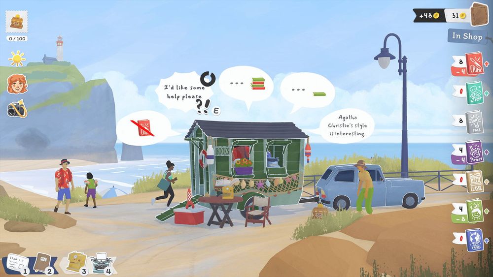 Tiny Bookshop: a green cart by the beach, with customers coming inside to buy books