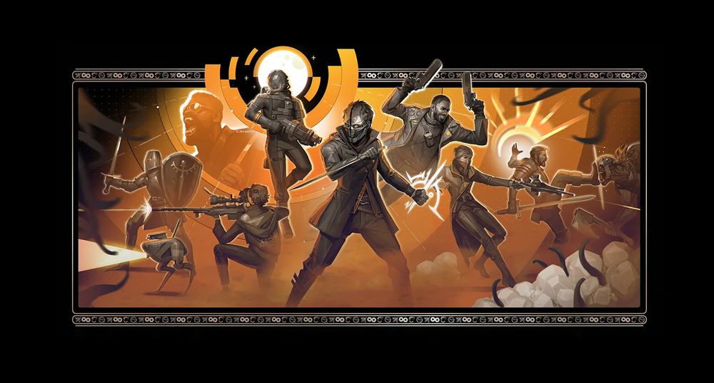art of a bunch of arkane characters leaping into action, shooting, and doing other video game-y things