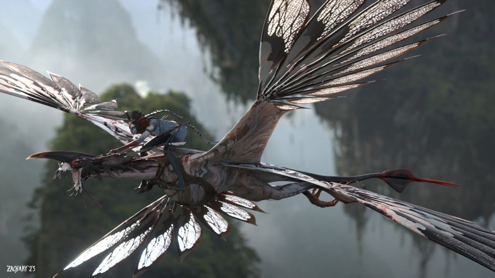 A character riding a flying creature in Avatar