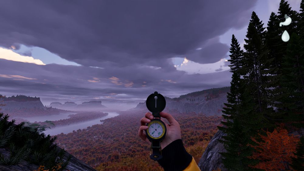A hand holding a compass on top of a mountain, with a river and woods below, in the video game "Prologue: Go Wayback"