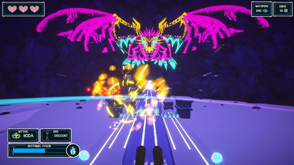 Fresh Tracks: a neon dragon hovers over a snowy trail in front of a player on skis 