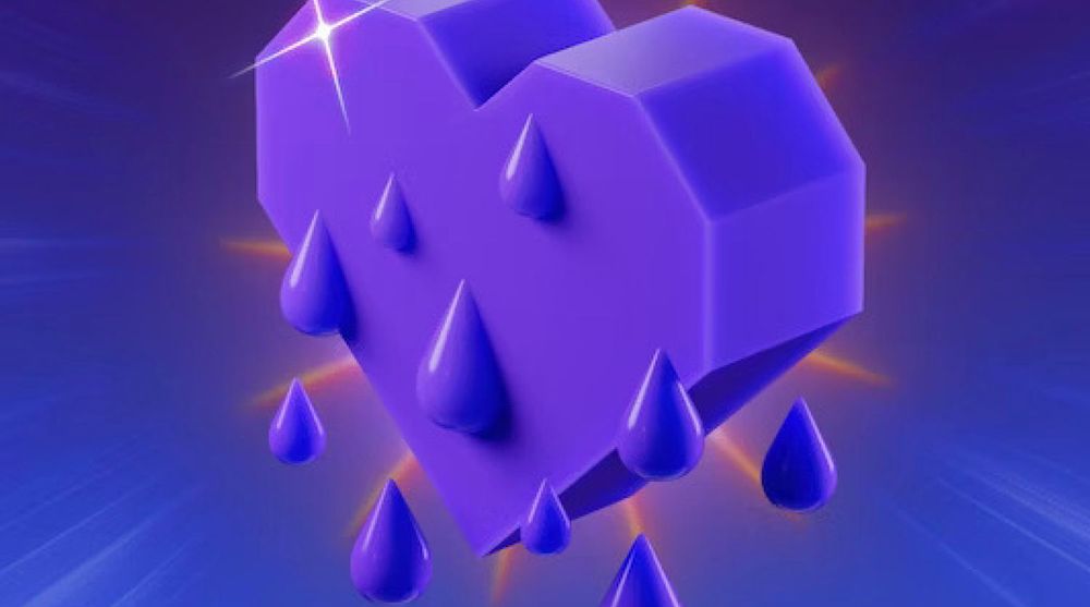 A Twitch logo: a purple heart with purple droplets on it