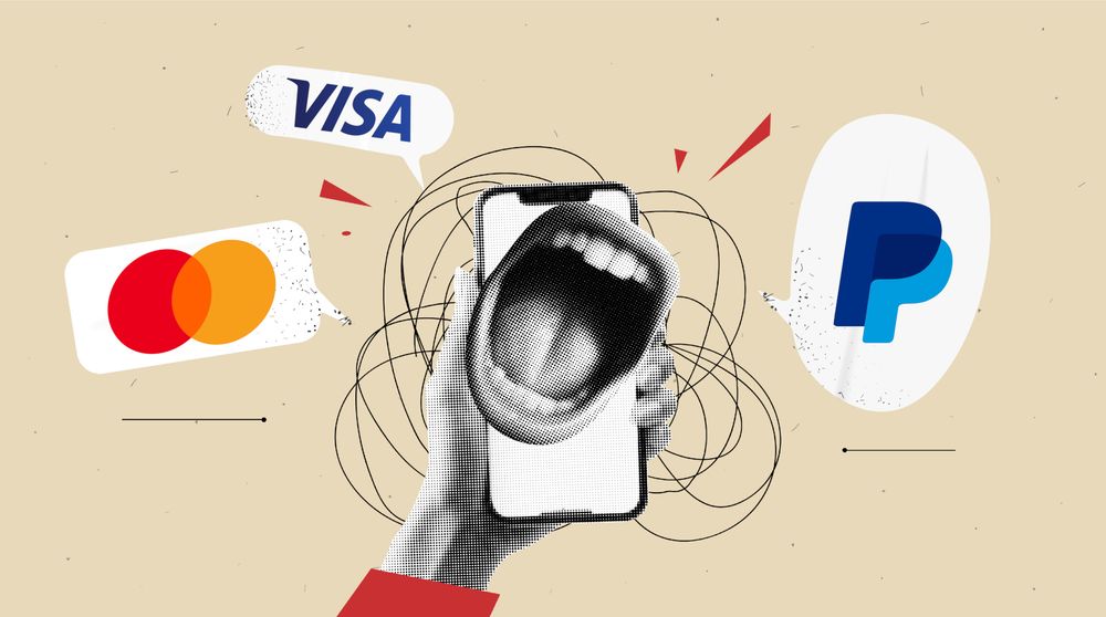 a disembodied mouth superimposed atop a phone, yelling the logos of mastercard, visa, and paypal