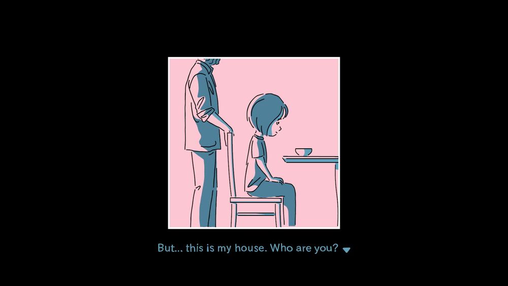 From the video game "and Roger:" A girl being pushed in at a table by a man, with the words "But this is my house. Who are you?"