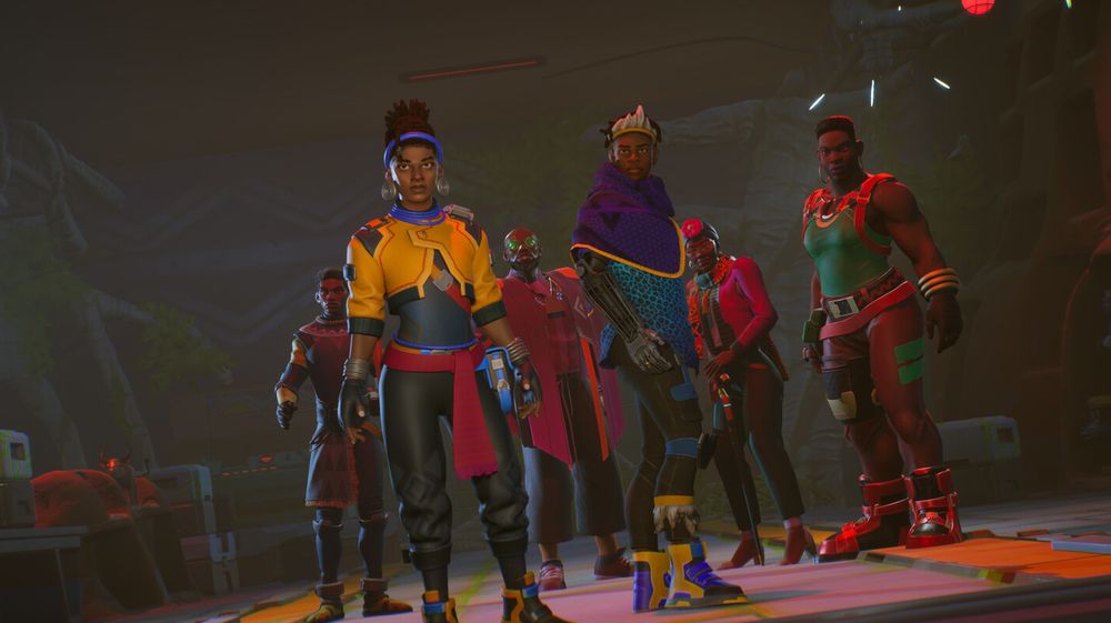 a screenshot from relooted depicting a cool futuristic museum heist team