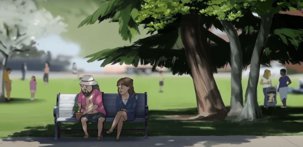 Two characters sit on a bench in the Adult Swim show Common Side Effects