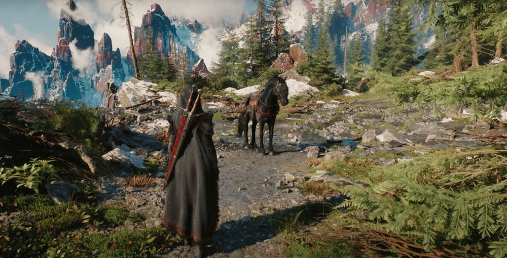 A screenshot from The Witcher 4 demo: a black horse stands in a wooded area while Ciri, a woman in a black cloak, stands in the foreground