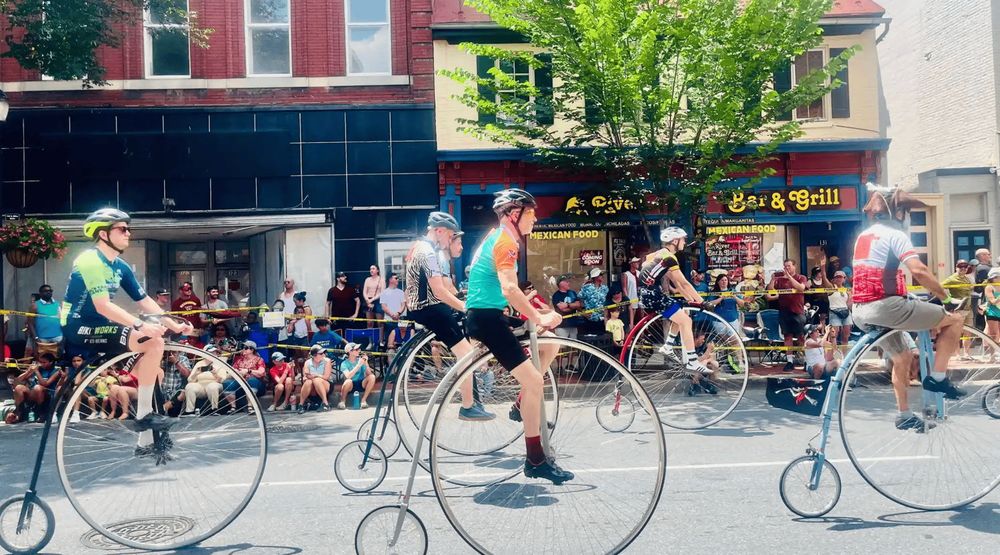 Racers at the National Clustered Spires High Wheel Race in Frederick, Maryland