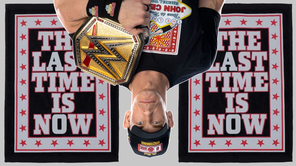 a picture of john cena upside down over a banner that reads the last time is now
